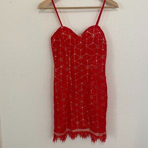 maniju | Red crochet lace mini dress with nude lining, size S